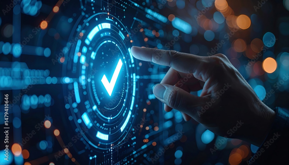 Poster a hand interacts with a glowing digital interface, featuring a check mark symbol, representing techn