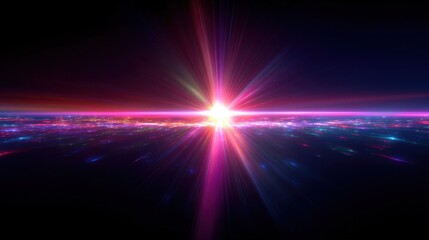 Obraz premium A bright starburst radiates colorful light across a dark horizon illuminating a distant digital landscape.