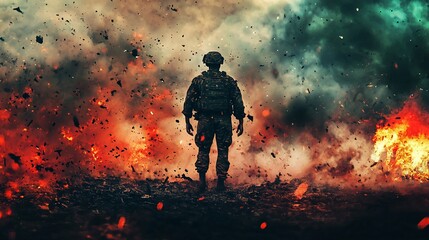 Lone soldier in war zone confronts explosions and intense combat scenes