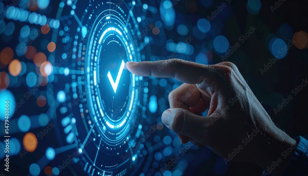 Aufkleber a hand interacts with a glowing digital interface, featuring a checkmark symbol amidst a futuristic,