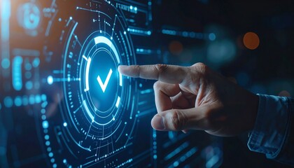 A hand interacts with a futuristic digital interface, highlighting technology, innovation, and user engagement