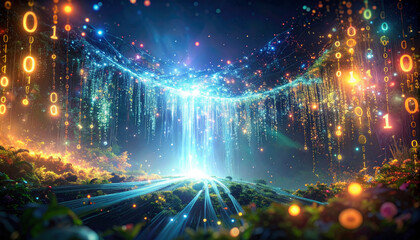 Obraz premium Binary Code Stream: A dynamic stream of glowing binary code (0s and 1s) cascading down a dark background, representing data and digital information. surrealistic style