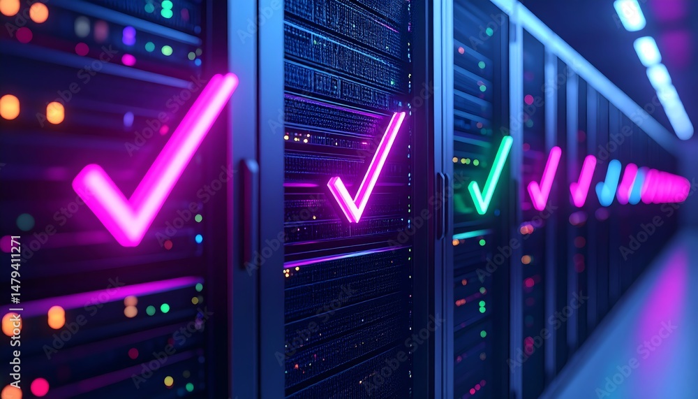 Poster vibrant server room with illuminated checkmarks, symbolizing data verification and technology effici