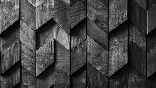 Dark, textured wood arranged in a chevron pattern creates a visually striking wall covering