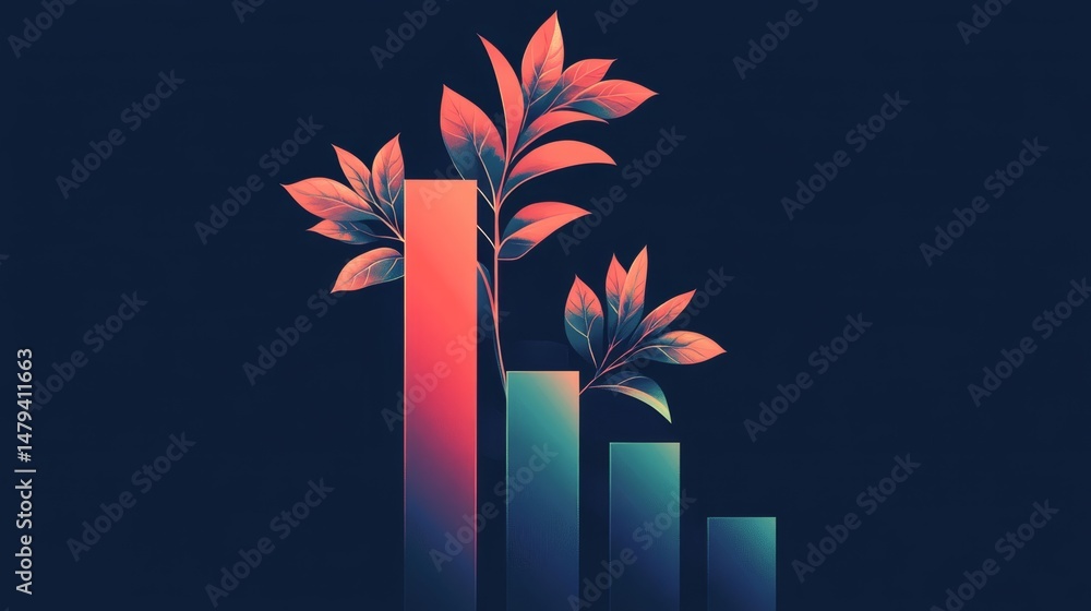 Poster abstract data visualization: rising gradient bar graph representing growth, progress, and positive t