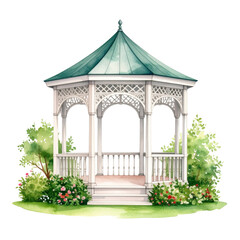 A pavilion surrounded by a watercolor flower garden
