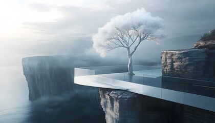 Misty clifftop terrace with a solitary white tree.