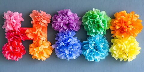 Colorful paper pom-poms spell out HI