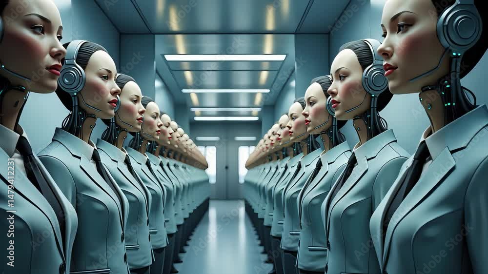 Poster row of humanoid female robots in identical uniforms standing in futuristic corridor with metallic wa