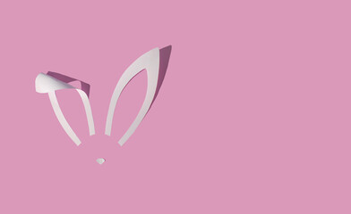Rabbit ears from white paper on pink background. Easter minimal concept. Flat lay.