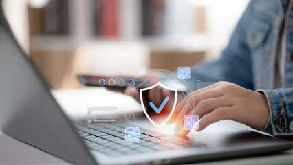 Users are working on laptops with cybersecurity shield icons, secure networks, and data protection...