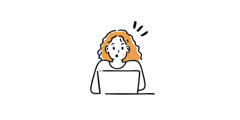 Obraz premium A woman's face lights up with surprise and realization as she looks at her laptop. A moment of discovery is shown with simplicity, creating a clear illustration of a eureka moment.