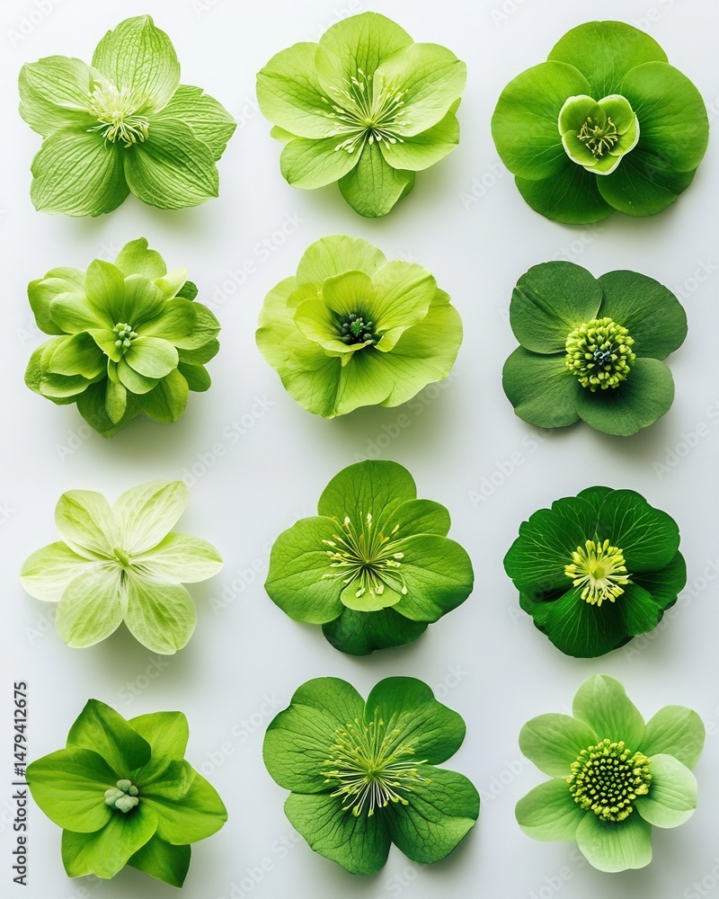 Poster overhead close up of twelve green hellebore flowers arranged on a white surface in a studio setting
