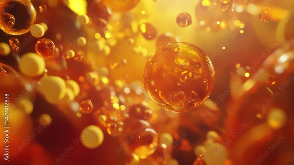 Poster amber liquid bubbles: abstract close-up of vibrant amber liquid bubbles floating and interacting, il