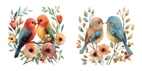 cute love bird and flowers watercolor vector illustration