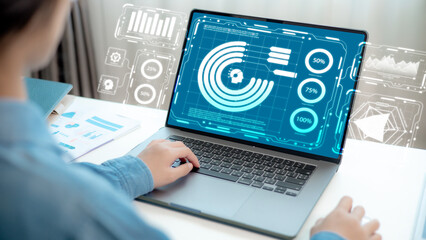 Businessman analyzing marketing strategy and performance data using a futuristic dashboard on the...