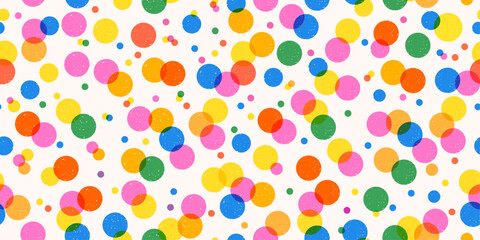 Pattern of colorful rounds different size confetti with texture and transparent effect. Risograph dots pattern