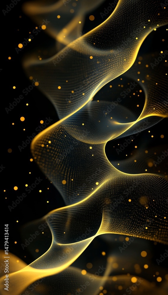 Poster abstract waving glowing gold lines and sparkling glittering particles on dark background