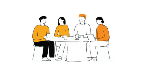 An illustration depicts a collaborative meeting, four individuals are gathered around a table engaging in discussion.