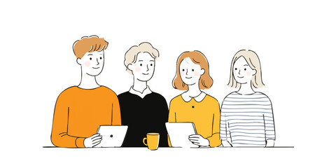 A team of four individuals collaborating on a project. Capturing the essence of teamwork and shared endeavors, perfect for illustrating business, communication, and group dynamics.