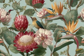 A detailed floral pattern with birds and blossoms.