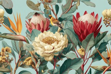 Floral pattern featuring vibrant blossoms and a bird.