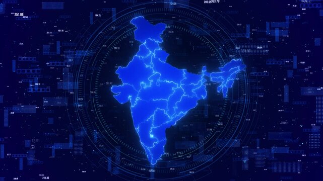 Map of India infographics digital screen globe network tech Concept of world Cloud computing network connecting. data transfer cyber, business information exchange advanced global technology networks