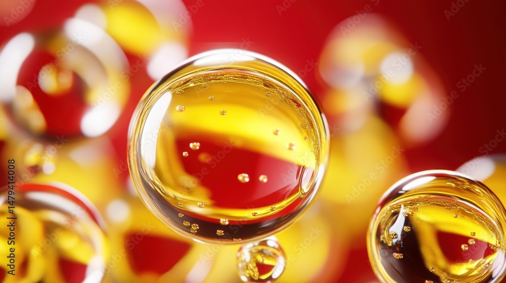 Poster abstract liquid spheres: close-up shot of translucent spheres filled with vibrant red and yellow liq