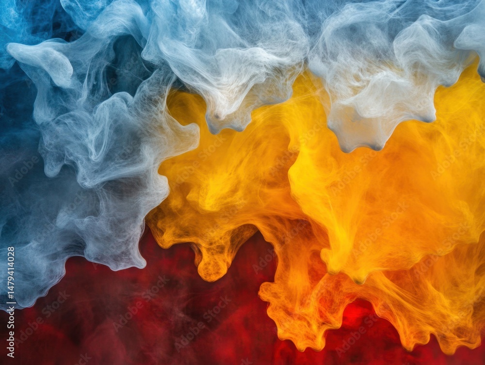 Poster abstract smoke art in motion with blue yellow and red colors creating a dynamic mesmerizing effect s