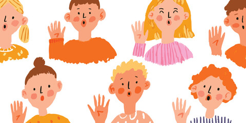 A friendly and diverse group of cartoon children waving cheerfully to the viewer with a joyful gesture, a pure display of happiness.