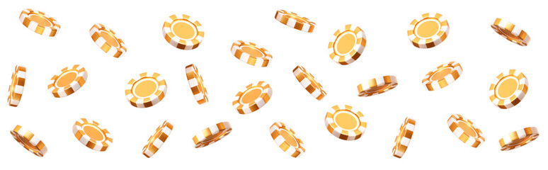 Plakat 3d flying golden casino poker chips with different angles. Gold and white chips for betting and gambling games. Stock vector illustration on isolated background. 