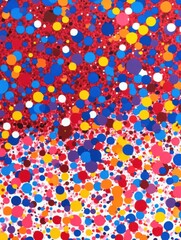 Colorful Abstract Art with Polka Dots, Overhead Shot, Modern Painting, Red and White Background, Playful Design