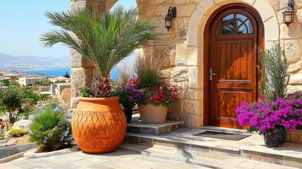 Mediterranean home's entranceway with vibrant planters.