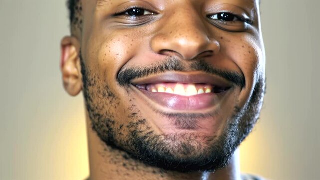 Afro-American man smiles warmly, Afro-American face close-up radiates confidence, joyful eyes and glowing skin reflect genuine emotion, bright personality, charming presence