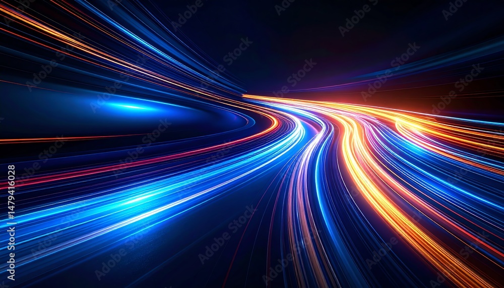 Poster dynamic light trails create a mesmerizing flow of colors against a dark background, symbolizing spee