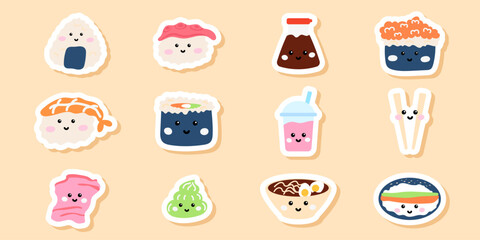 Kawaii Japanese food sticker set sushi, cute rolls, nigiri, sashimi, chopsticks and rice bowl. Perfect for decorating notebook, planner, menu, scrapbooking