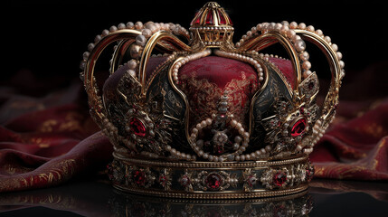 3d realistic vector icon. Royal golden king crown, royal coronation monarchy with red velvet and pearls. Isolated on white background.