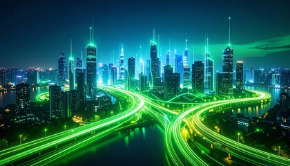 Fototapeta premium A vibrant cityscape at night, featuring illuminated skyscrapers and glowing roadways, creating a futuristic urban atmosphere