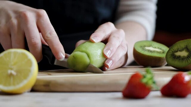 slowmotion of a woman cutting up fresh kiwis into slices with fruits laing around