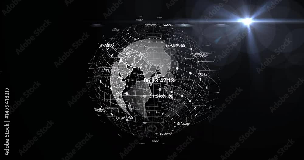 Poster digital wireframe globe rotating in 3d render space, with grid lines, data nodes, floating codes