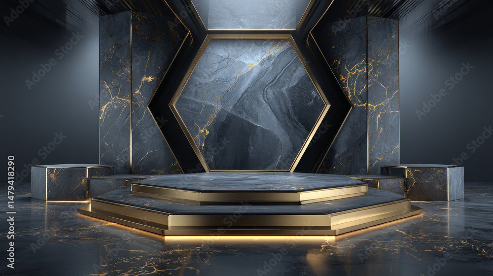 Poster 3d realistic vector marble texture hexagon stage with golden decoration on gray background.