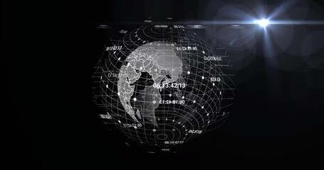 Digital wireframe globe rotating in 3D render space, with grid lines, data nodes, floating codes