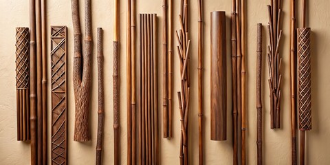 Obraz premium Collection of Various Brown Wooden Sticks and Rods Arranged in a Pattern
