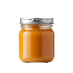 A single glass jar filled with orange liquid and topped with a metal lid 