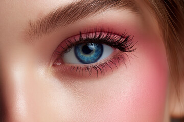Obraz premium Close-Up Shot of a Blue Eye With Soft Eyelashes and Blush-Tinted Skin