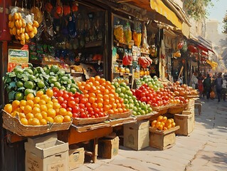 Fototapeta premium Colorful fruit stalls in a bustling market