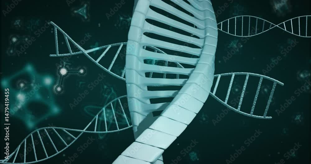 Poster dna double helix being visualized in 3d render space twisting among floating molecular nodes