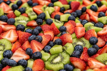 Obraz premium Fresh Summer Fruit Salad Kiwi Strawberry Blueberry Delicious Healthy Mix Vitamins Food red diet bowl