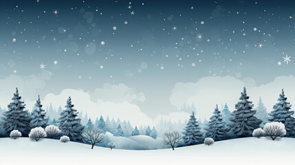 Obraz premium Peaceful Winter Wonderland: Snow-Covered Forest Landscape Under Clear Night Sky with Falling Flakes and Silhouetted Trees