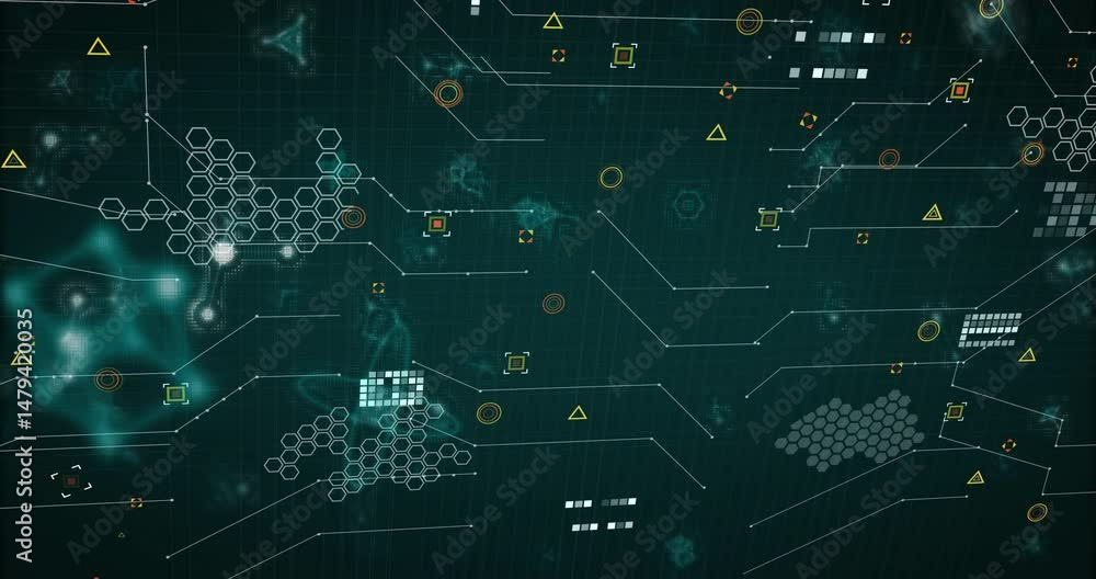 Poster glowing atomic structure floating within hologram connecting hexagon clusters and pixel arrays